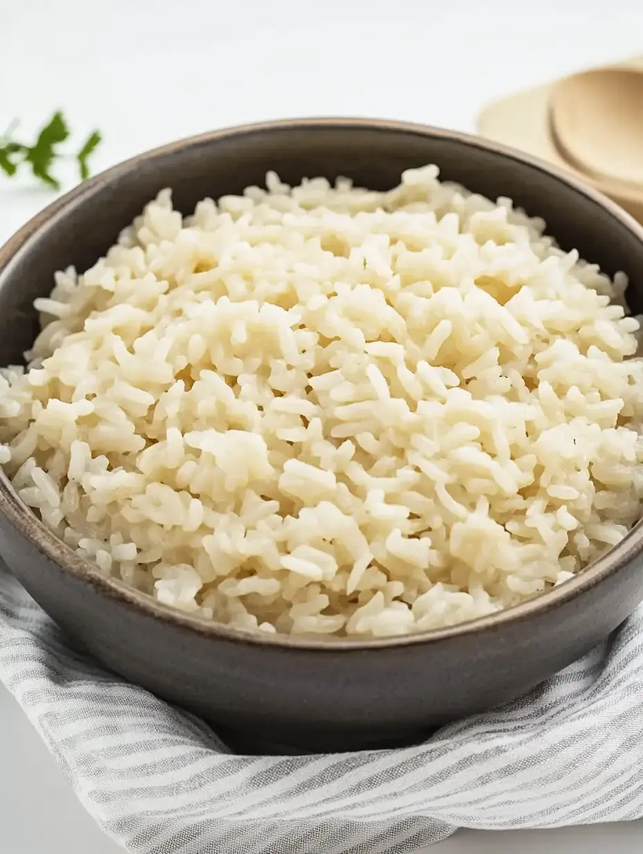 A bowl of fluffy, cooked white rice is presented on a striped cloth, with a sprig of fresh herbs in the background.