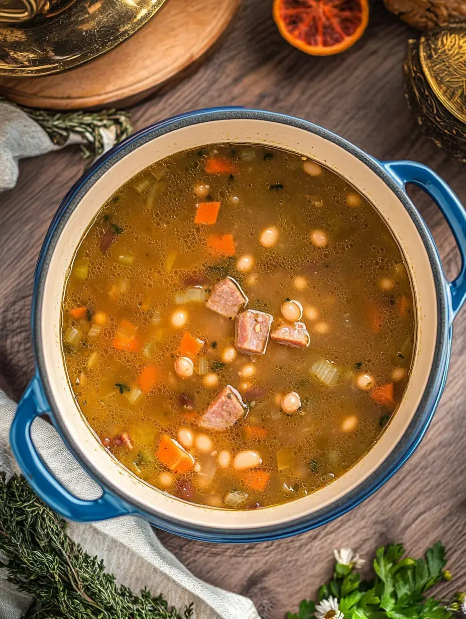 A blue pot filled with hearty soup containing beans, diced vegetables, and pieces of meat is displayed on a wooden surface, surrounded by herbs and a decorative item.