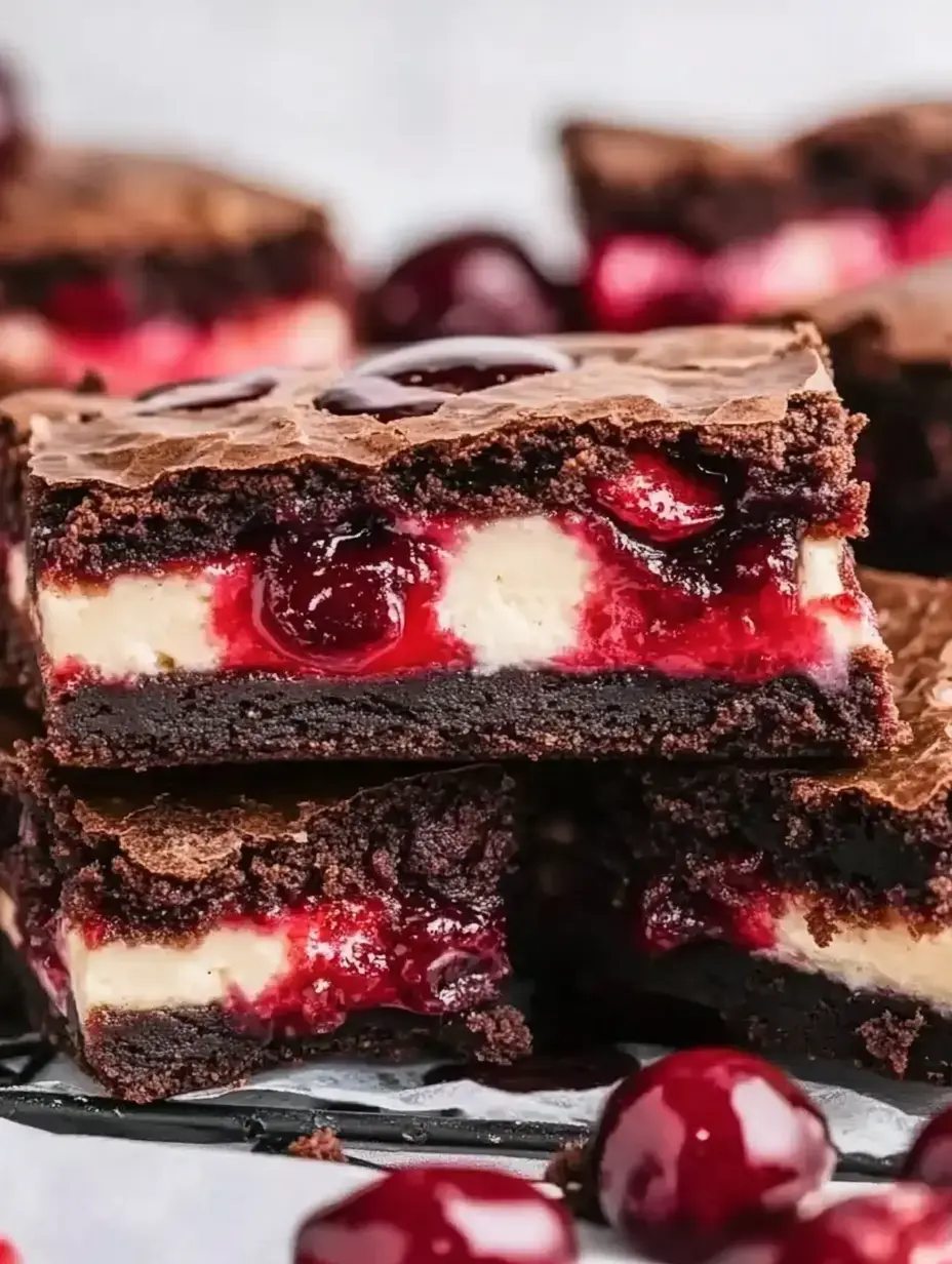 A close-up image of rich chocolate brownies layered with cherry filling and cream cheese, surrounded by fresh cherries.