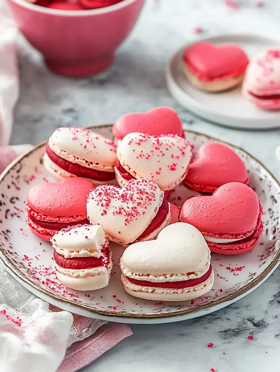 A plate of heart-shaped macarons in pink and white, decorated with red sprinkles, arranged attractively with a bowl of additional macarons in the background.