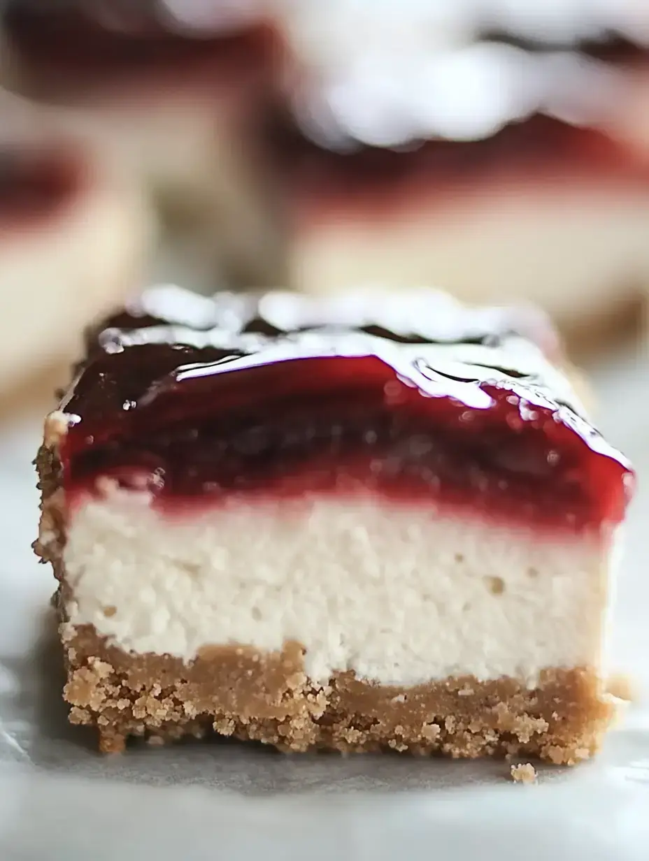 A close-up of a slice of layered cheesecake topped with a glossy red fruit glaze on a graham cracker crust.