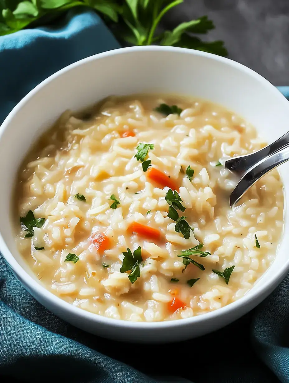 A bowl of creamy chicken and rice soup garnished with fresh parsley, resting on a teal cloth.