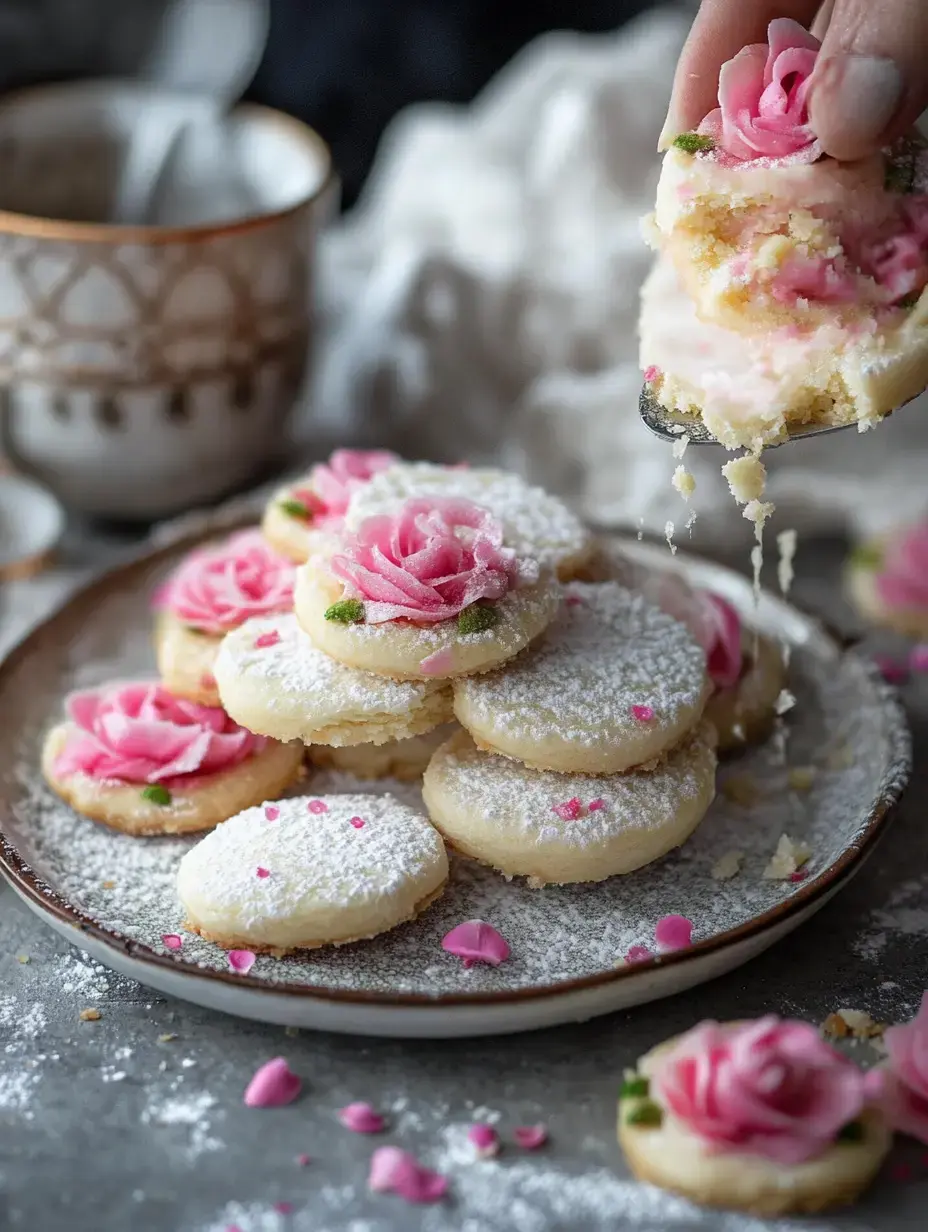 A hand holds a cookie decorated with pink rose icing above a plate of similar cookies dusted with powdered sugar and scattered with rose petals.