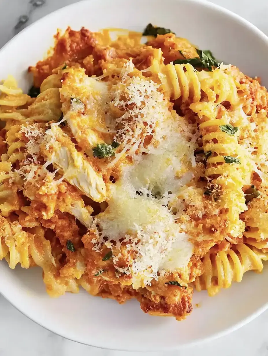 A close-up view of a bowl of pasta with a creamy sauce, topped with melted cheese and garnished with green herbs.