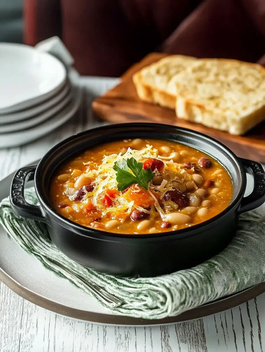 A black bowl filled with hearty bean soup topped with cheese and a sprig of parsley, accompanied by slices of toast on a wooden platter.