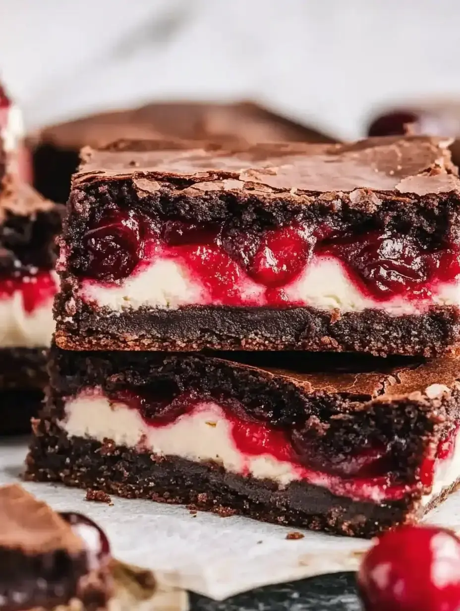 A close-up image of layered brownie squares featuring a chocolate top layer, a creamy white middle layer, and a vibrant cherry filling.