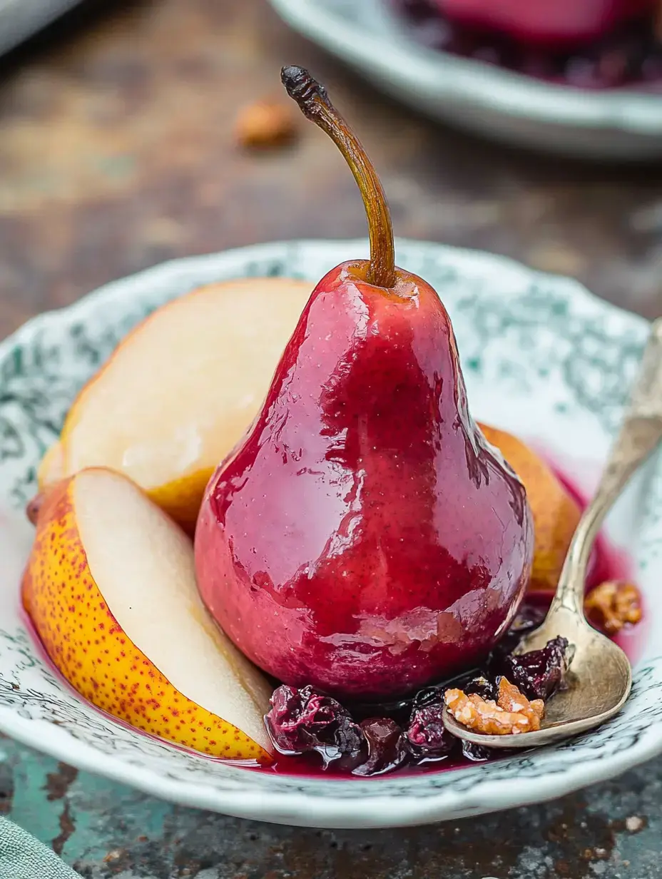 A glossy, poached red pear is placed in a bowl alongside sliced yellow pear and dark berries, with a spoon resting nearby.