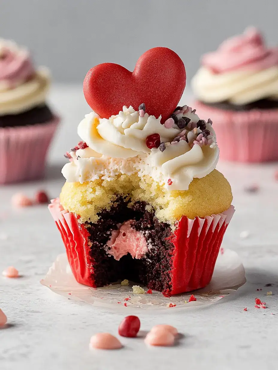 A partially eaten cupcake with chocolate and vanilla layers, topped with frosting, a red heart decoration, and colorful sprinkles, is surrounded by candy pieces.