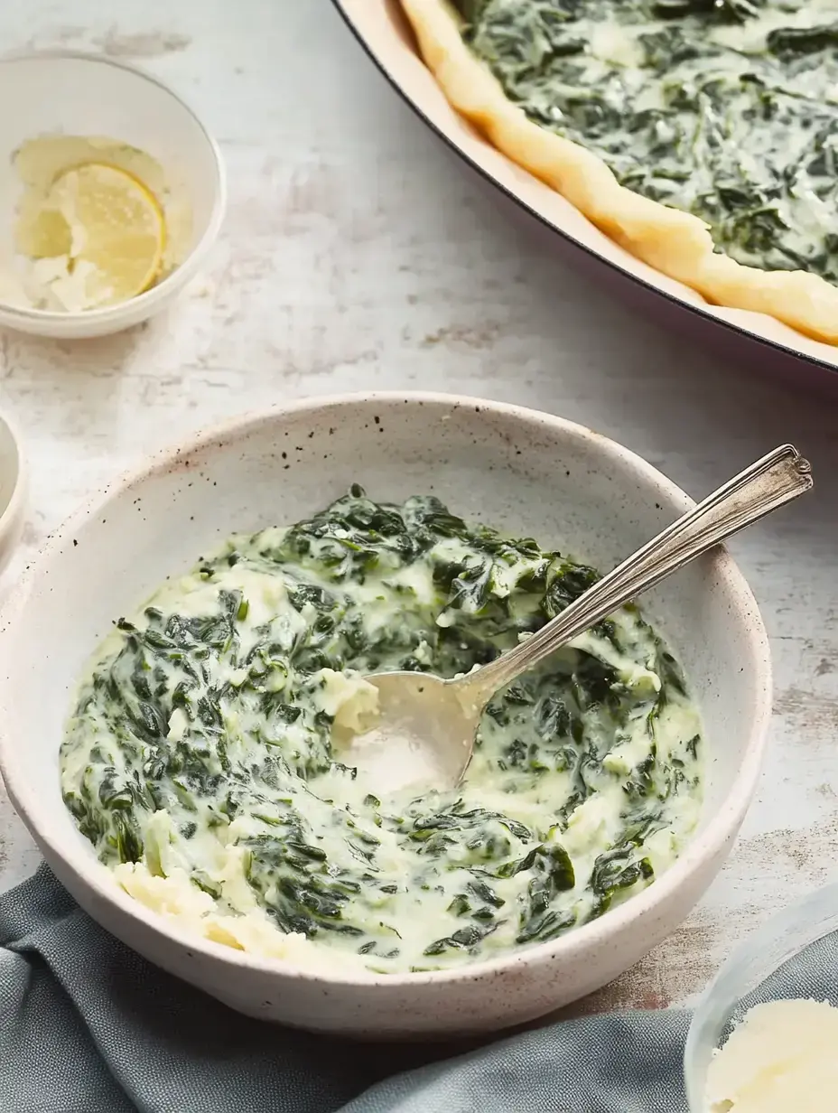 A shallow bowl of creamy spinach mixture with a spoon, accompanied by a pie containing spinach filling and a small dish of lemon wedges.