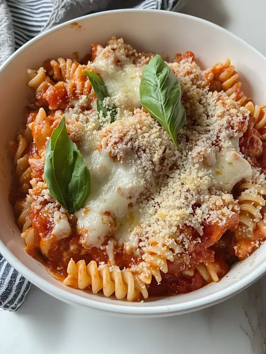 A bowl of rotini pasta topped with marinara sauce, melted cheese, grated parmesan, and fresh basil leaves.