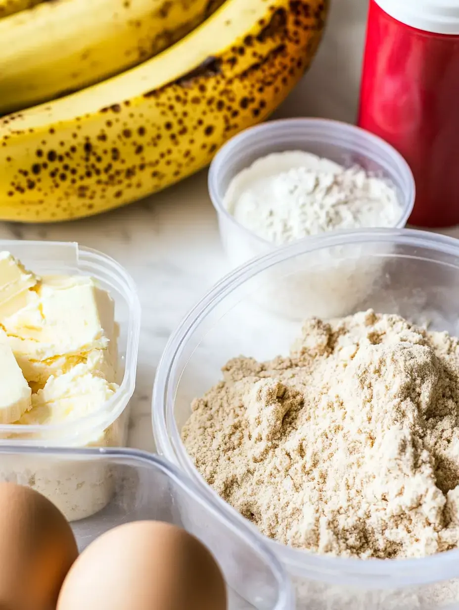 Ingredients for baking are displayed, including ripe bananas, butter, eggs, and containers of flour and sugar.