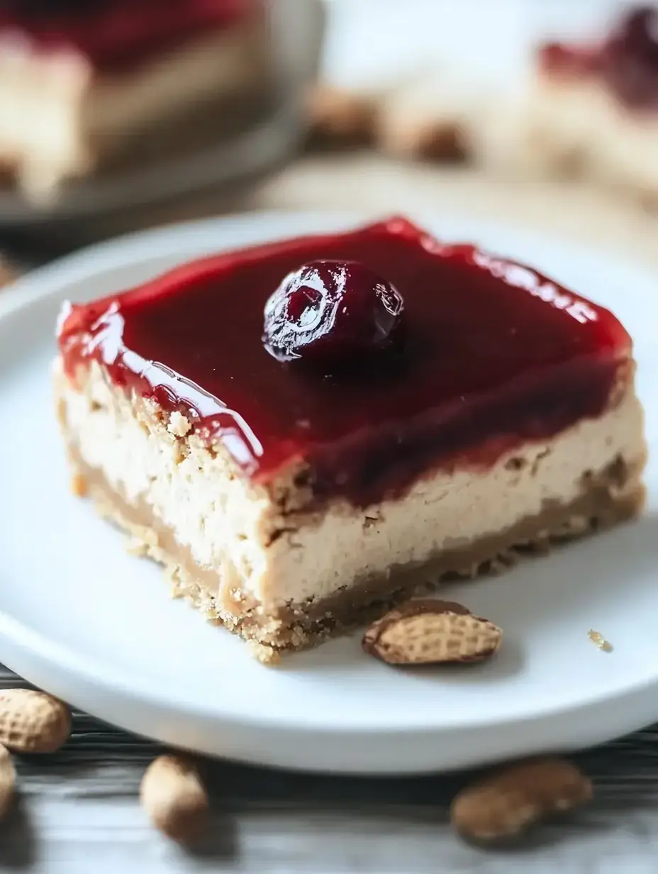 A slice of creamy cheesecake topped with a shiny layer of cherry jelly and garnished with a cherry, served on a white plate with scattered peanuts.