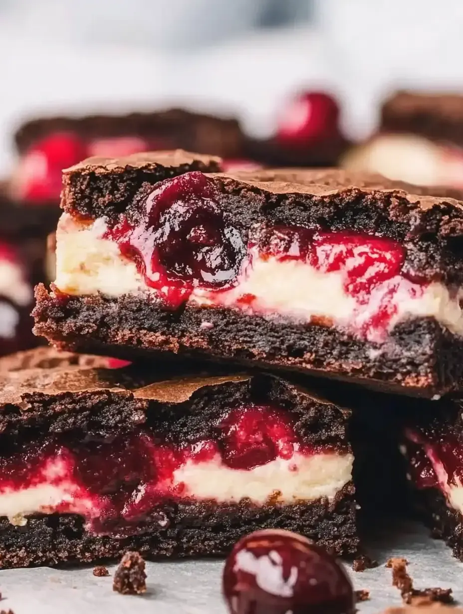 A close-up of rich chocolate brownies filled with creamy cheesecake and cherry filling, garnished with cherries.