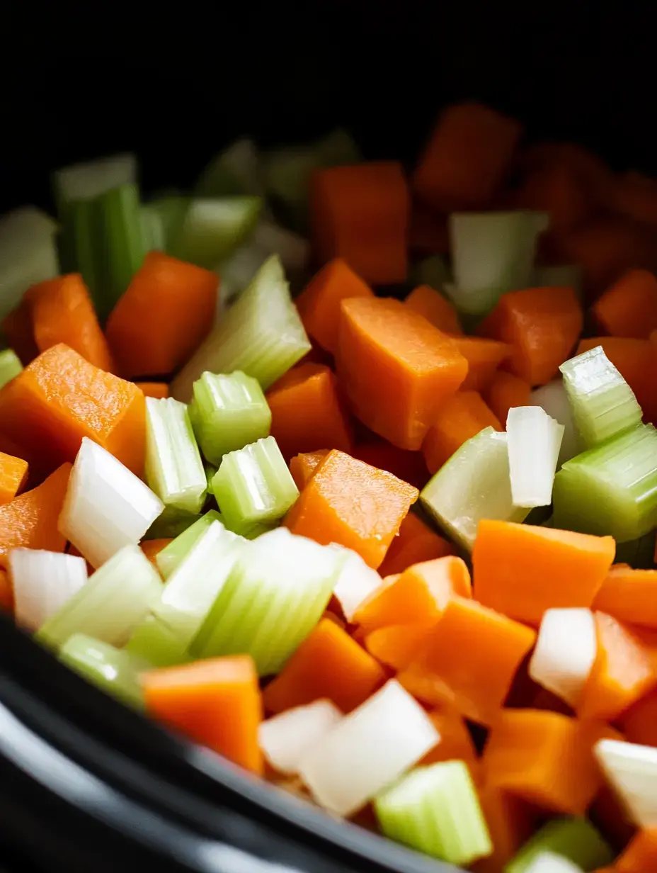 Chopped orange carrots and green celery are mixed together in a black cooking pot.