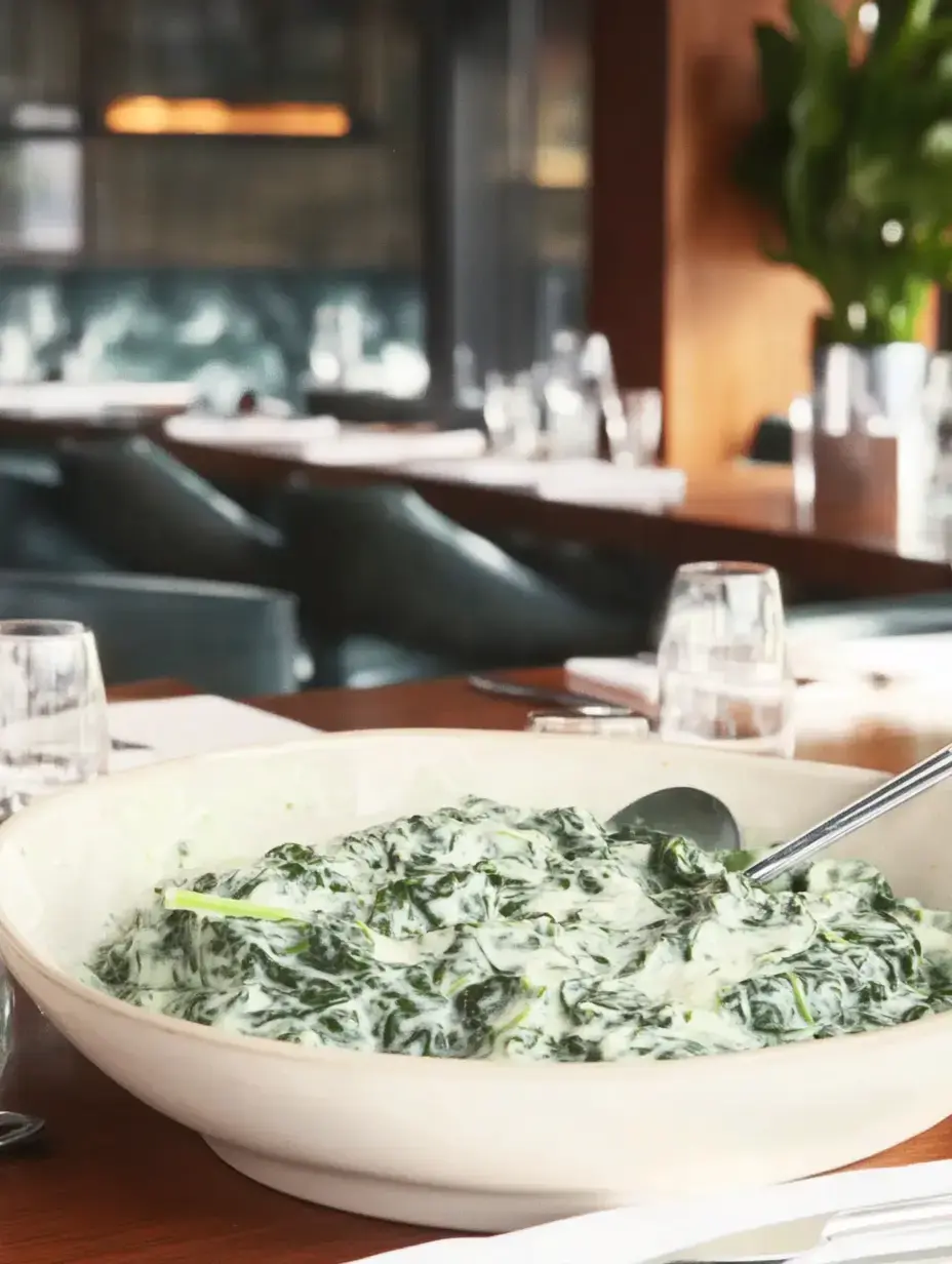 A bowl of creamy spinach is placed on a restaurant table, with utensils and a plant in the background.