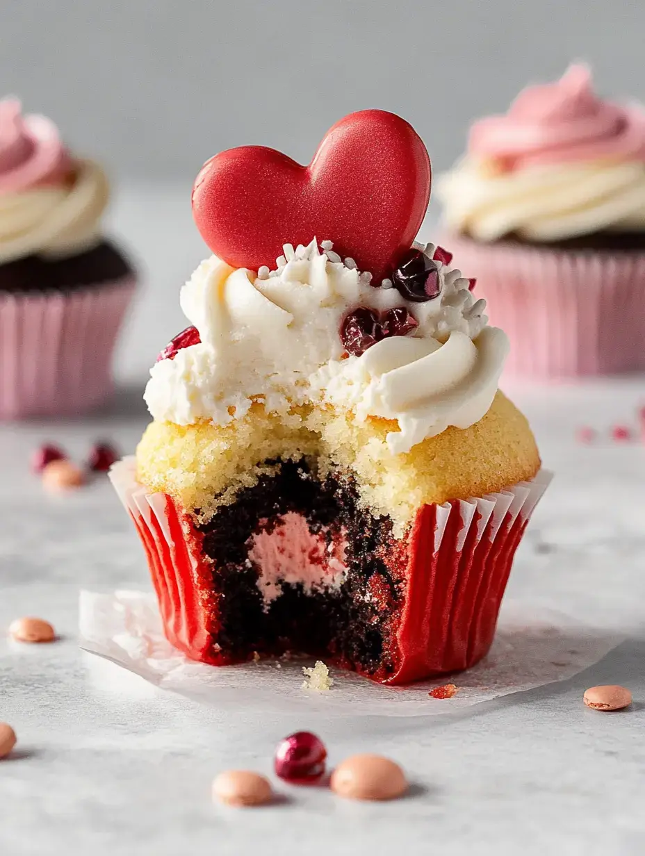 A partially eaten cupcake with a red heart decoration on top, showcasing a layered yellow and dark chocolate interior, surrounded by colorful candy accents.