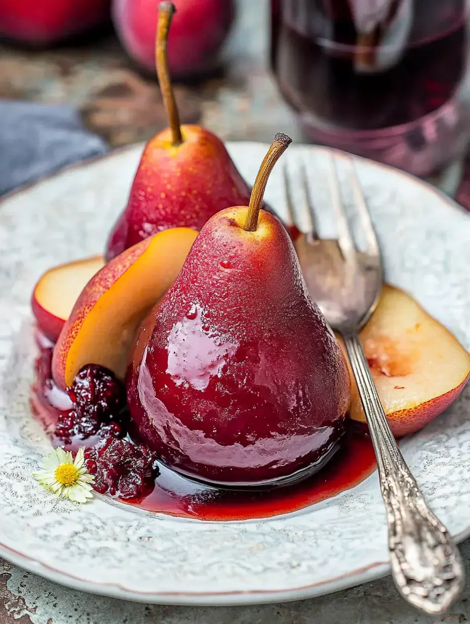 A close-up image of two poached red pears on a decorative plate, accompanied by slices of peach, berry compote, and a silver fork.