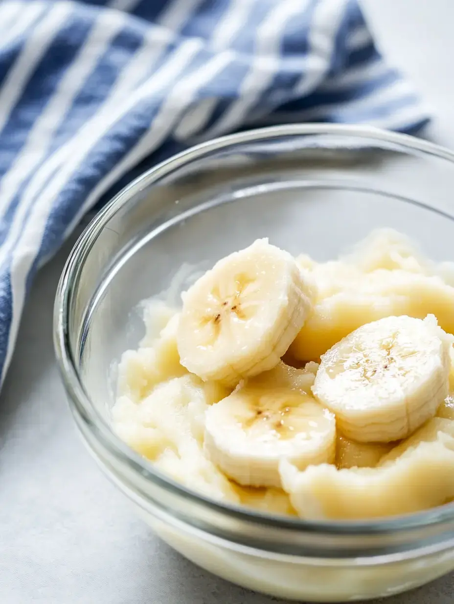 A glass bowl contains mashed bananas with sliced banana pieces on top, accompanied by a blue and white striped cloth in the background.