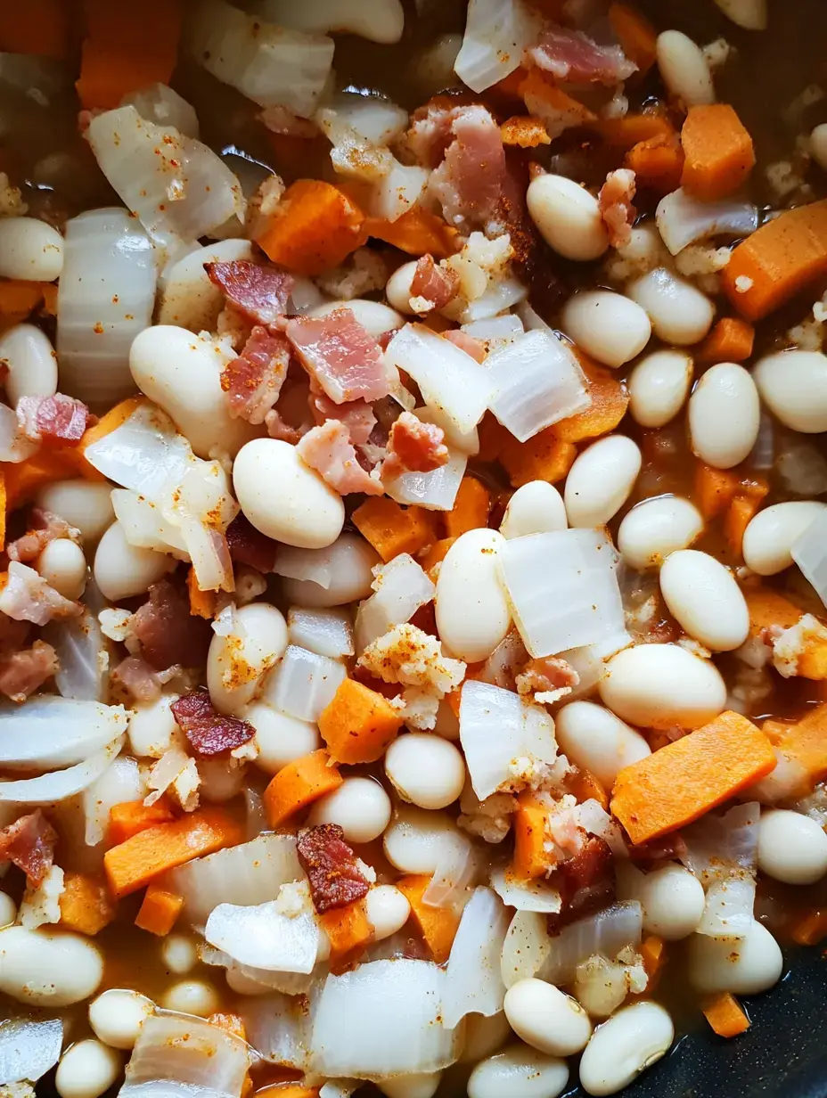 A close-up view of a mixture of chopped onions, carrots, bacon, and white beans, sautéed in a pan.