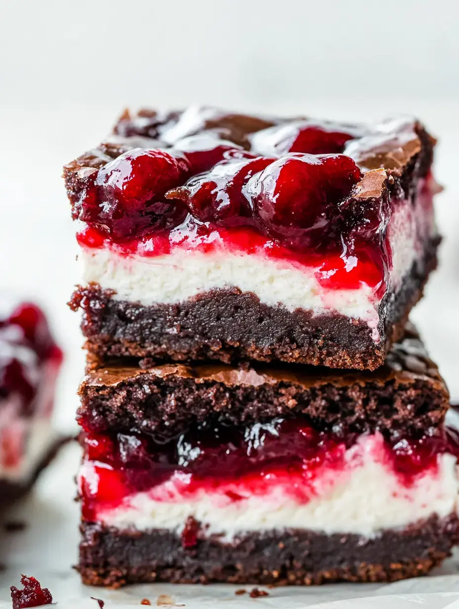 A stack of two layered brownies, with a creamy middle section and a glossy cherry topping.