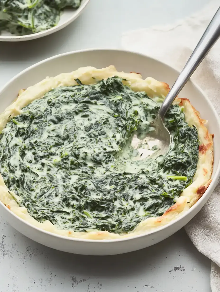 A creamy spinach dish with a golden, baked edge served in a white bowl.