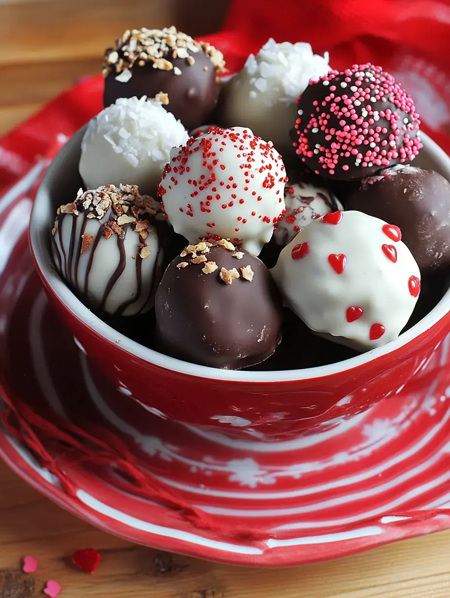 A red bowl filled with various chocolate truffles, decorated with sprinkles, nuts, and coconut flakes.