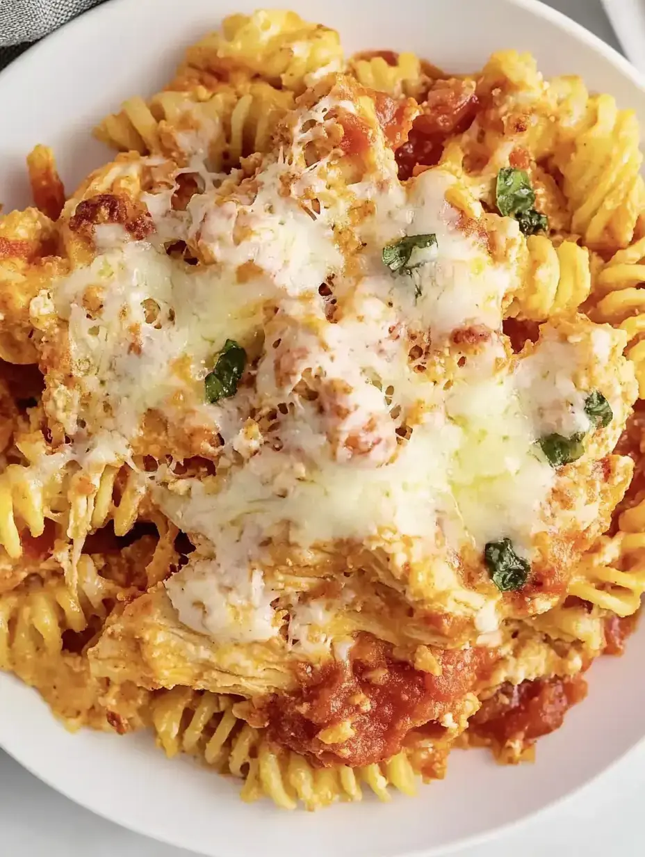 A close-up of a bowl of rotini pasta topped with melted cheese, tomato sauce, and chopped herbs.