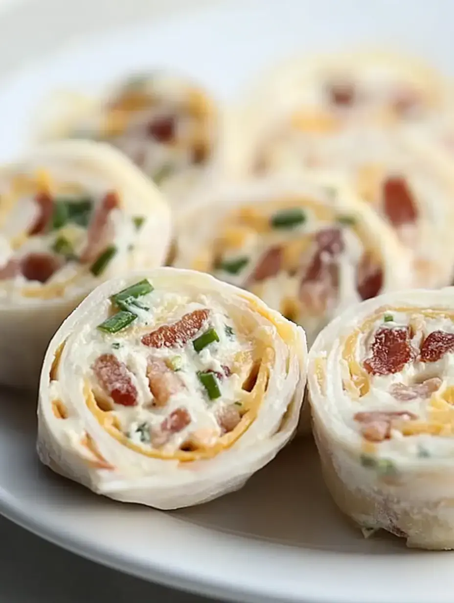 A plate of slice pinwheels made with tortillas, cream cheese, bacon, cheese, and chives.