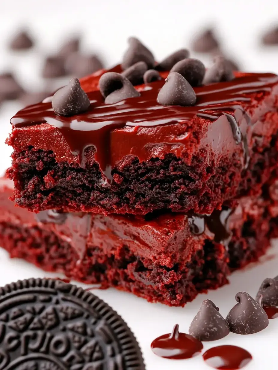 A close-up of rich red velvet brownies topped with chocolate drizzle and chocolate chips, accompanied by an Oreo cookie.