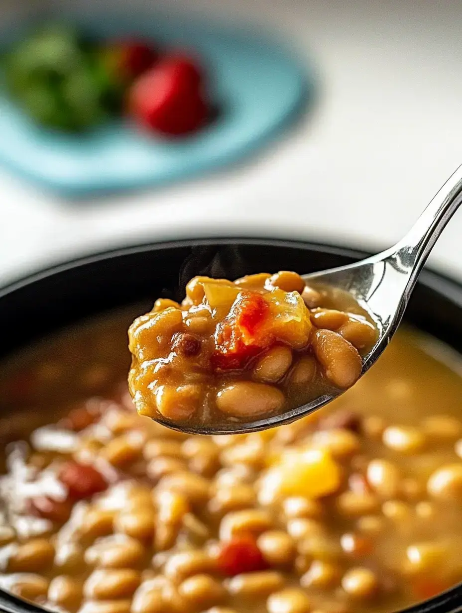 A spoonful of soup containing beans and vegetables is held above a black bowl of the same soup, with a colorful plate of garnishes blurred in the background.