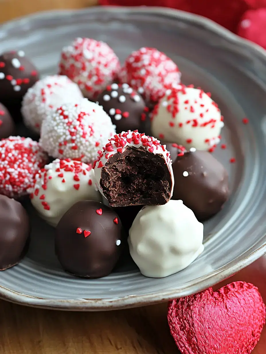 A plate of assorted chocolate truffles, including dark, white, and red-sprinkled varieties, with one truffle partly bitten open.