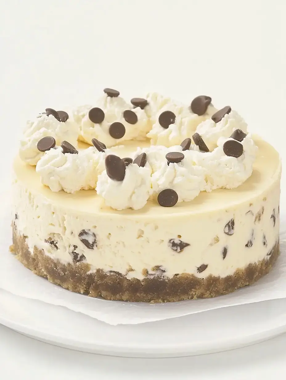 A creamy cheesecake topped with whipped cream and chocolate chips is displayed on a white plate.