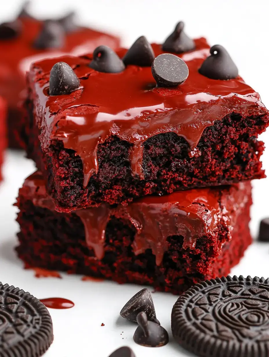 A close-up of two rich red velvet cake squares topped with glossy chocolate frosting and chocolate chips, surrounded by Oreo cookies.