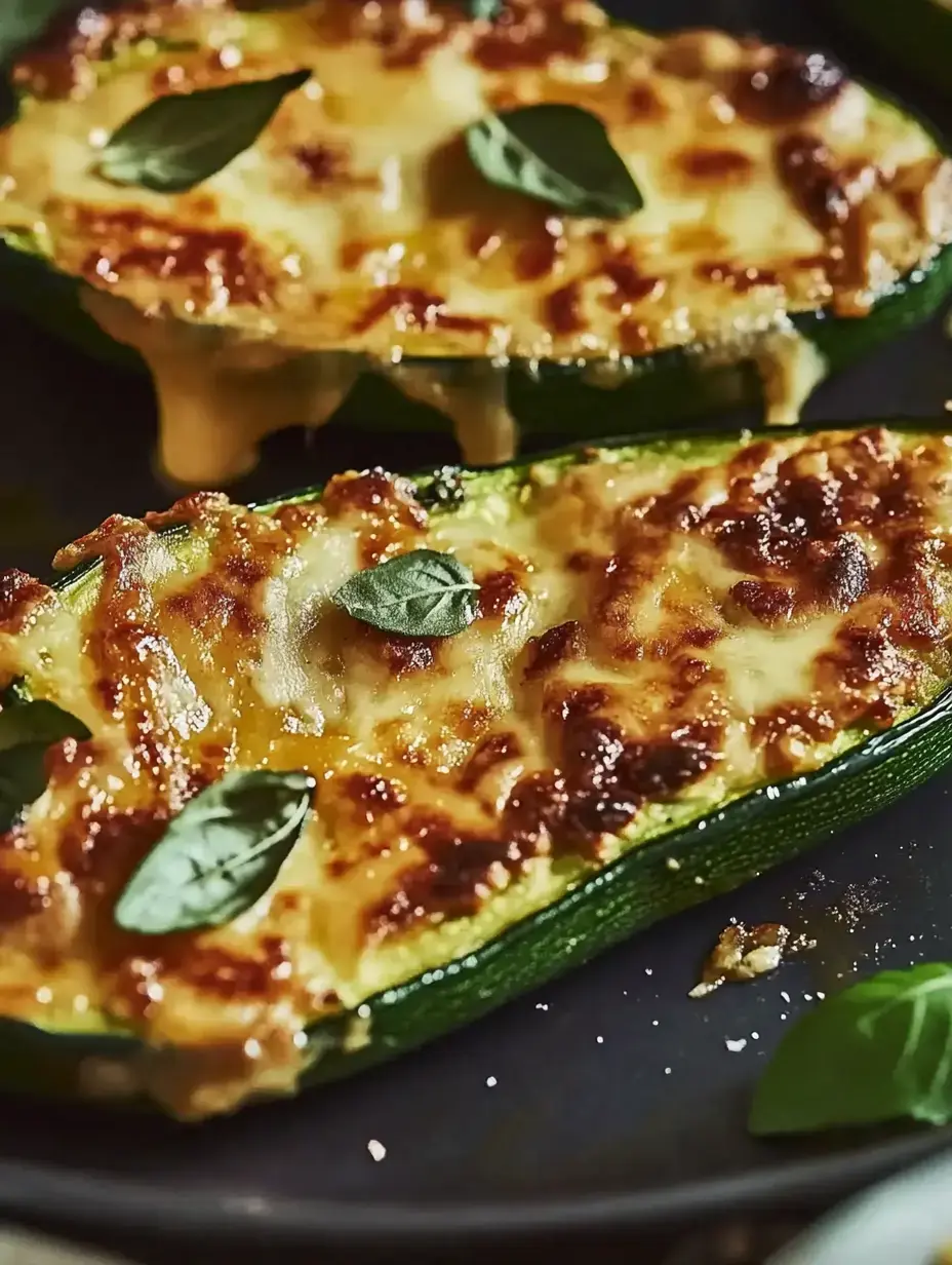 Baked zucchini halves topped with melted cheese and fresh basil leaves on a dark plate.