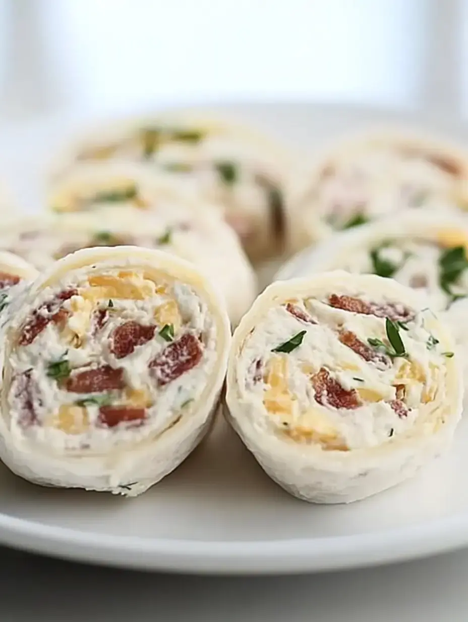 A plate of sliced tortilla rolls filled with cream cheese, bacon, and herbs.