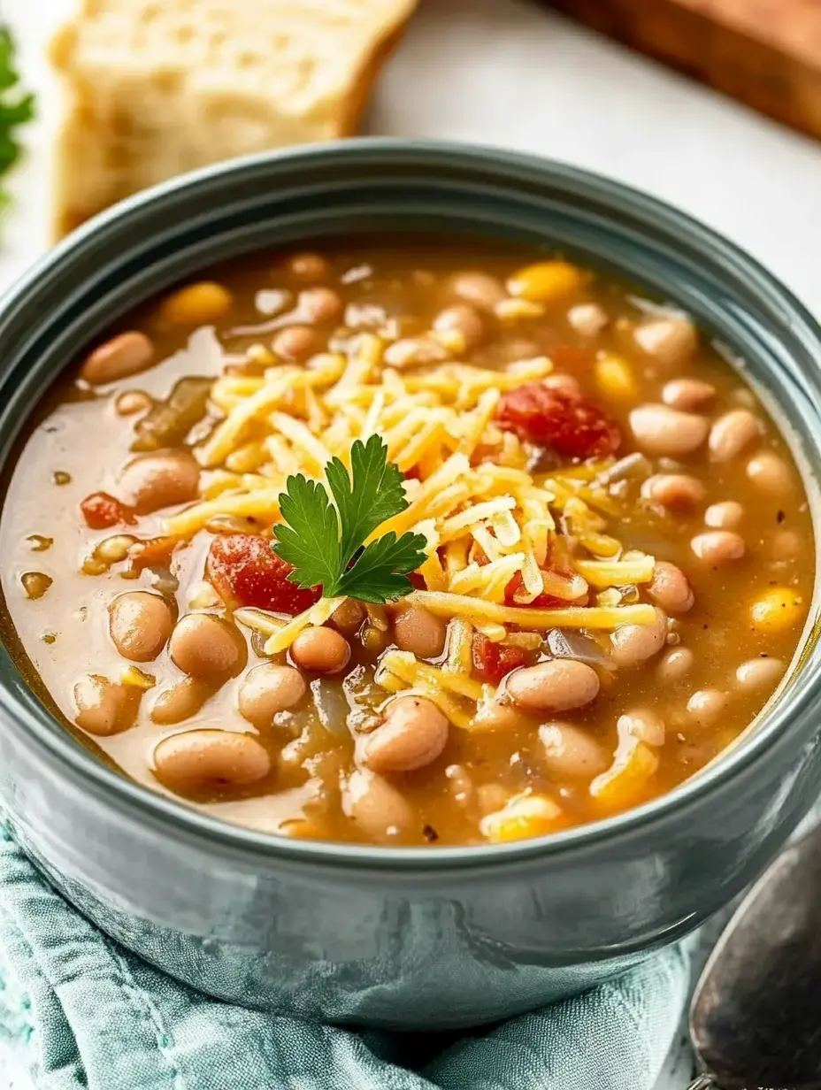 A bowl of hearty bean soup topped with shredded cheese and a sprig of parsley, accompanied by a slice of bread.