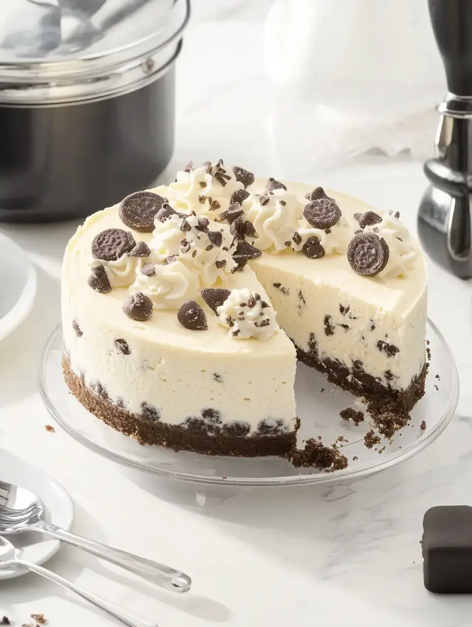 A creamy cheesecake with a chocolate crust and decorative toppings is partially sliced on a glass cake stand.