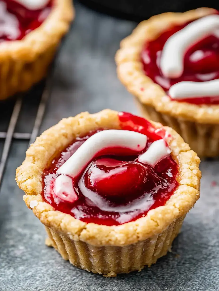 Three cherry tartlets with a crumbly crust, filled with glossy red cherry filling and topped with white icing.