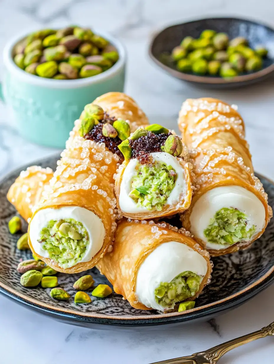 A plate of pistachio-filled pastry cannoli is garnished with sugar and surrounded by scattered pistachios.