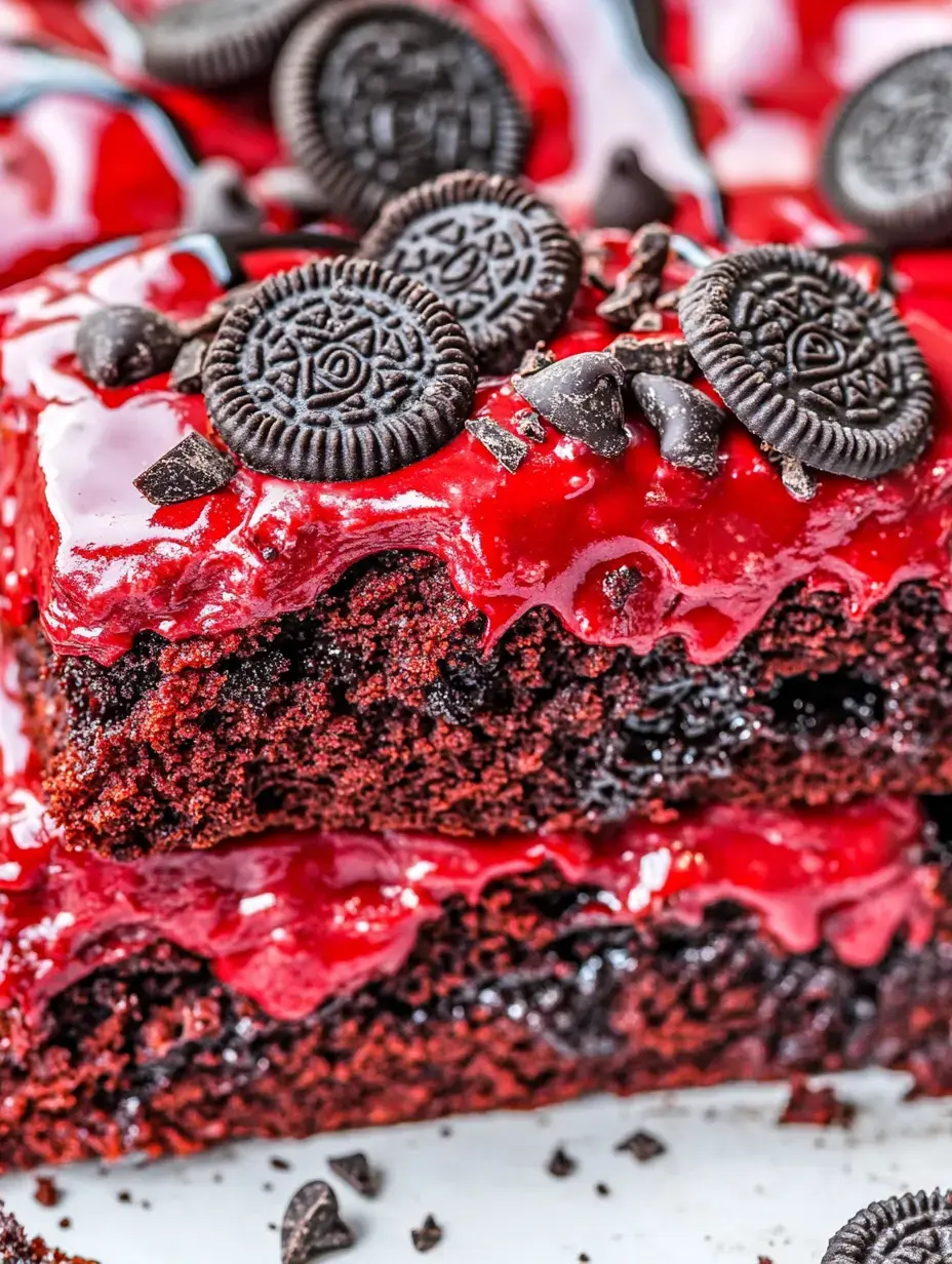 A close-up of two layers of chocolate cake topped with red icing, crushed Oreos, and chocolate chips.