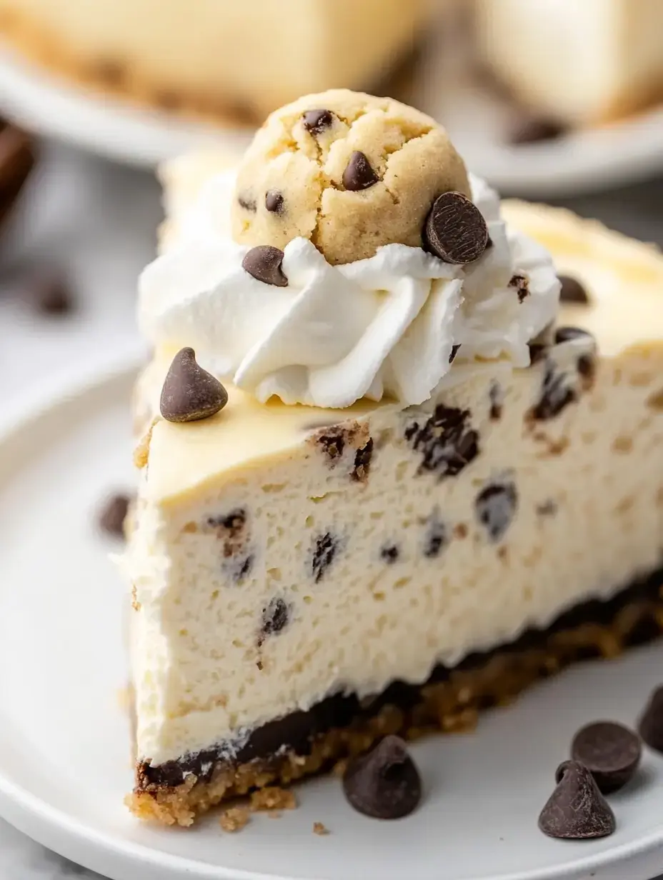 A slice of cheesecake topped with whipped cream, a cookie dough ball, and chocolate chips, served on a plate.