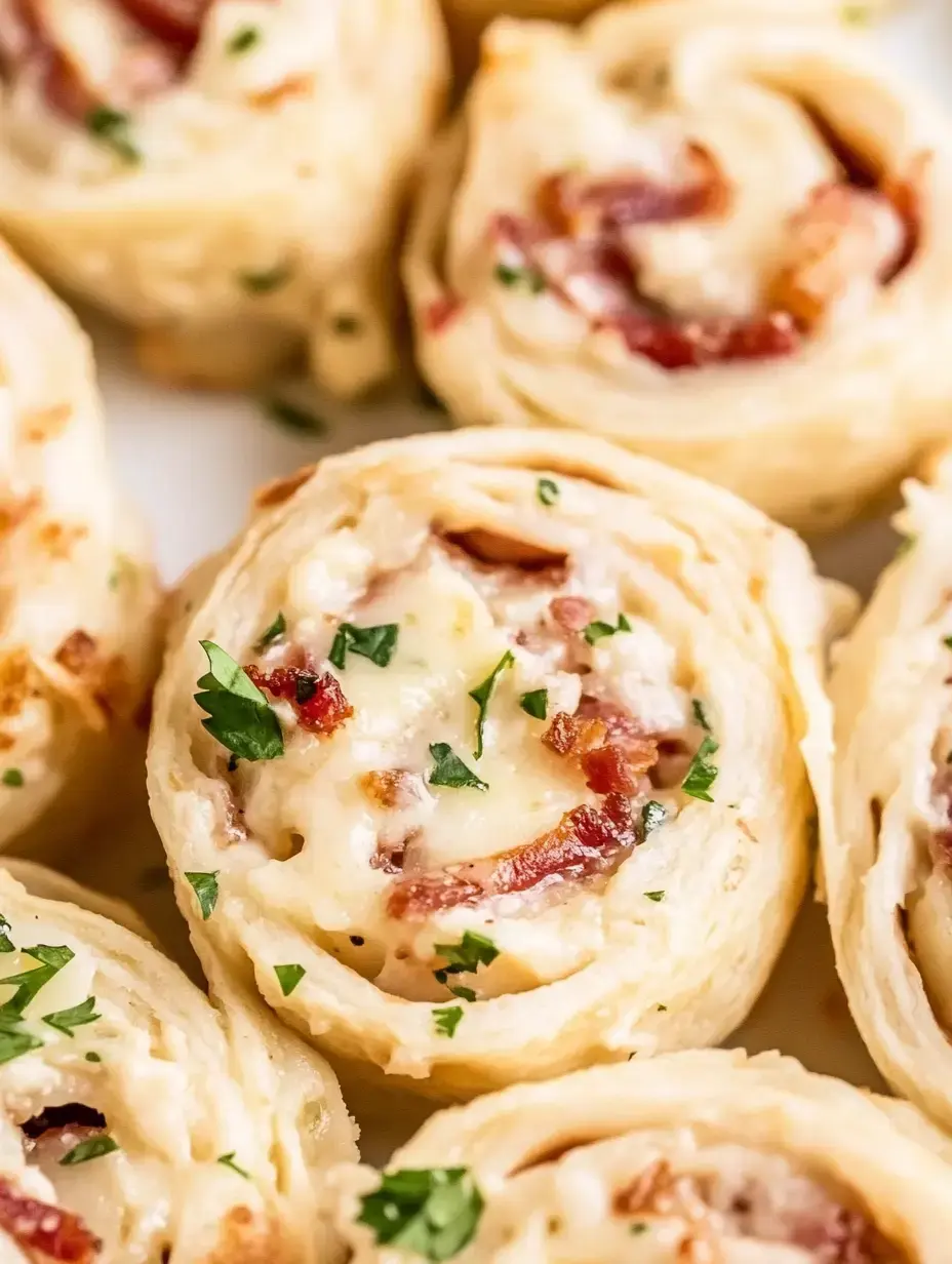 A close-up of rolled pastries filled with cheese, bacon, and garnished with parsley.