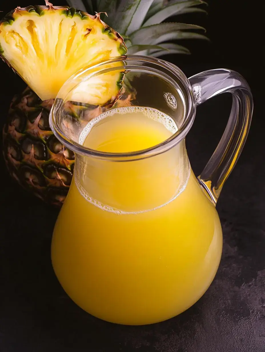 A glass pitcher filled with pineapple juice is placed next to a fresh pineapple, partially sliced.