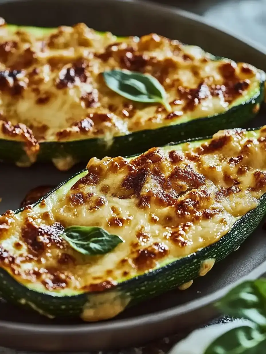 Baked zucchini halves topped with golden melted cheese and fresh basil leaves.