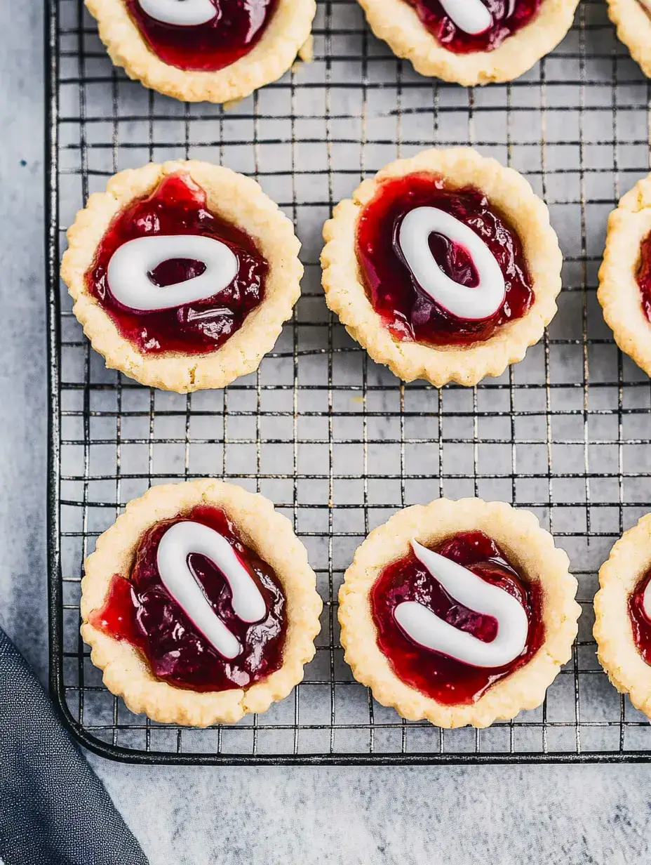 A wire cooling rack holds several dessert tartlets filled with red fruit jelly and decorated with white icing swirls.