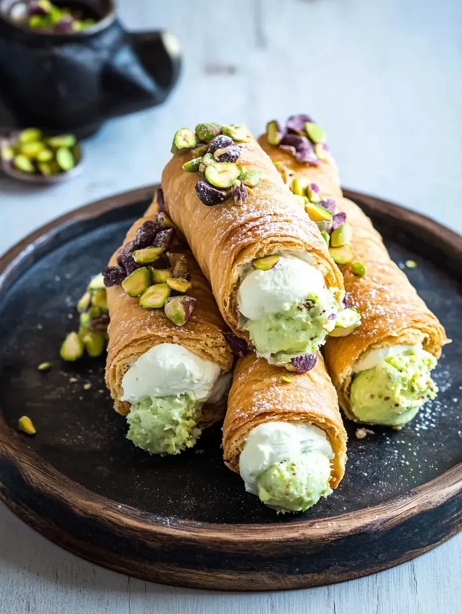 A plate of crispy pastry rolls filled with cream and green ice cream, topped with chopped pistachios.