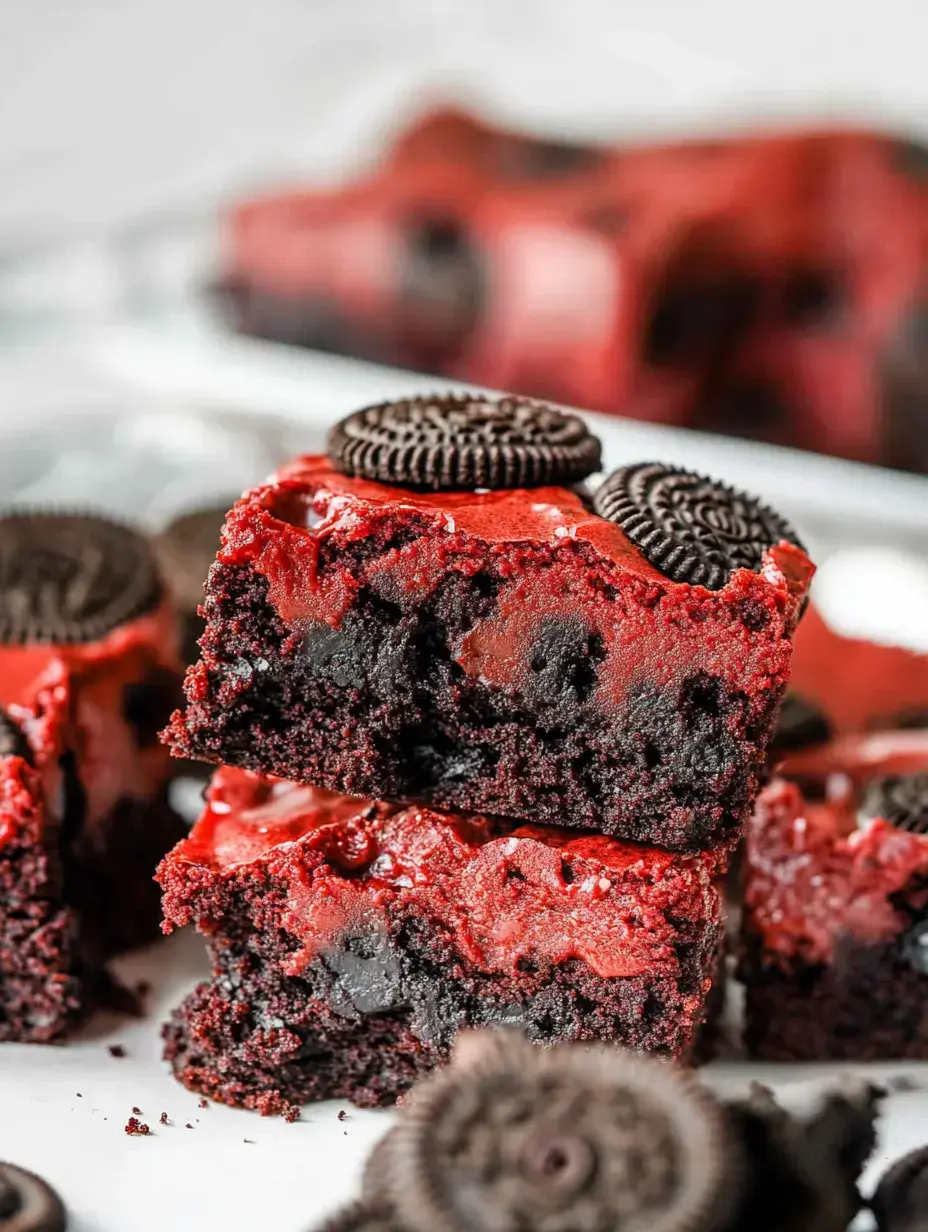 A stack of red velvet brownies topped with Oreo cookies against a blurred background.