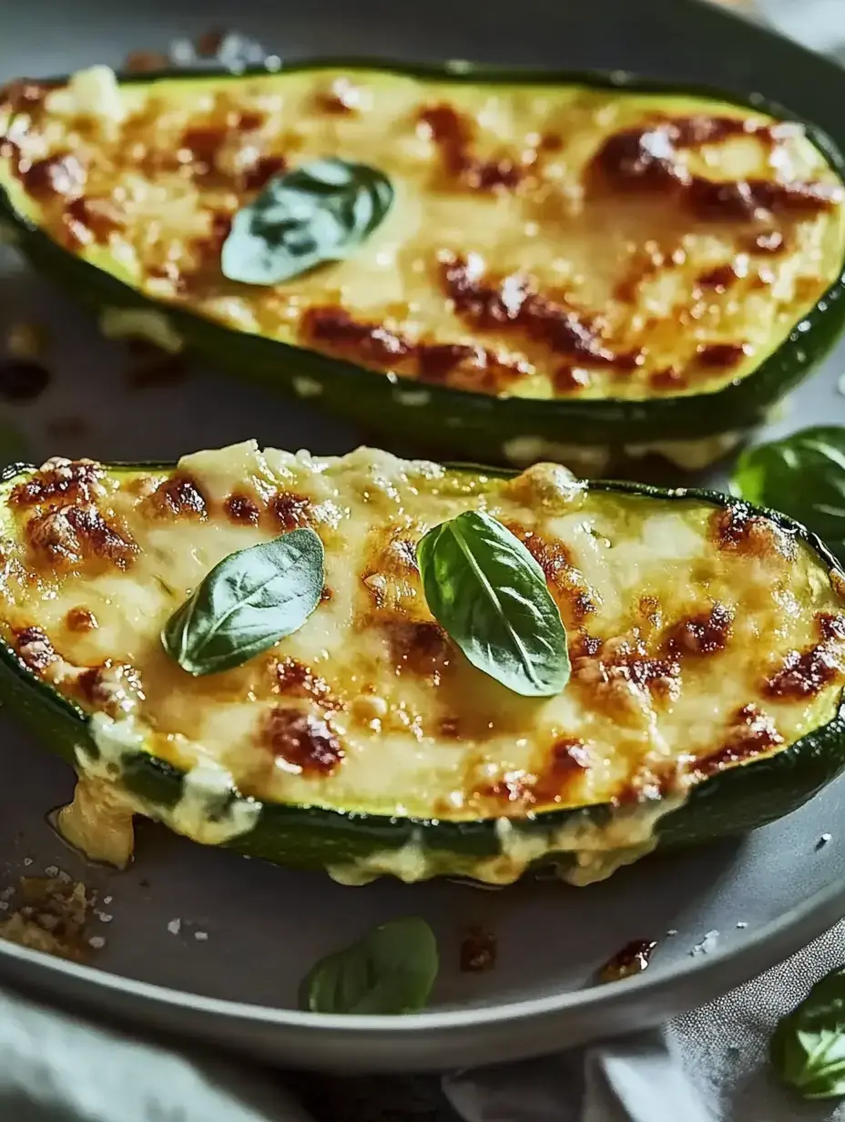 Two baked zucchini halves topped with melted cheese and fresh basil on a plate.