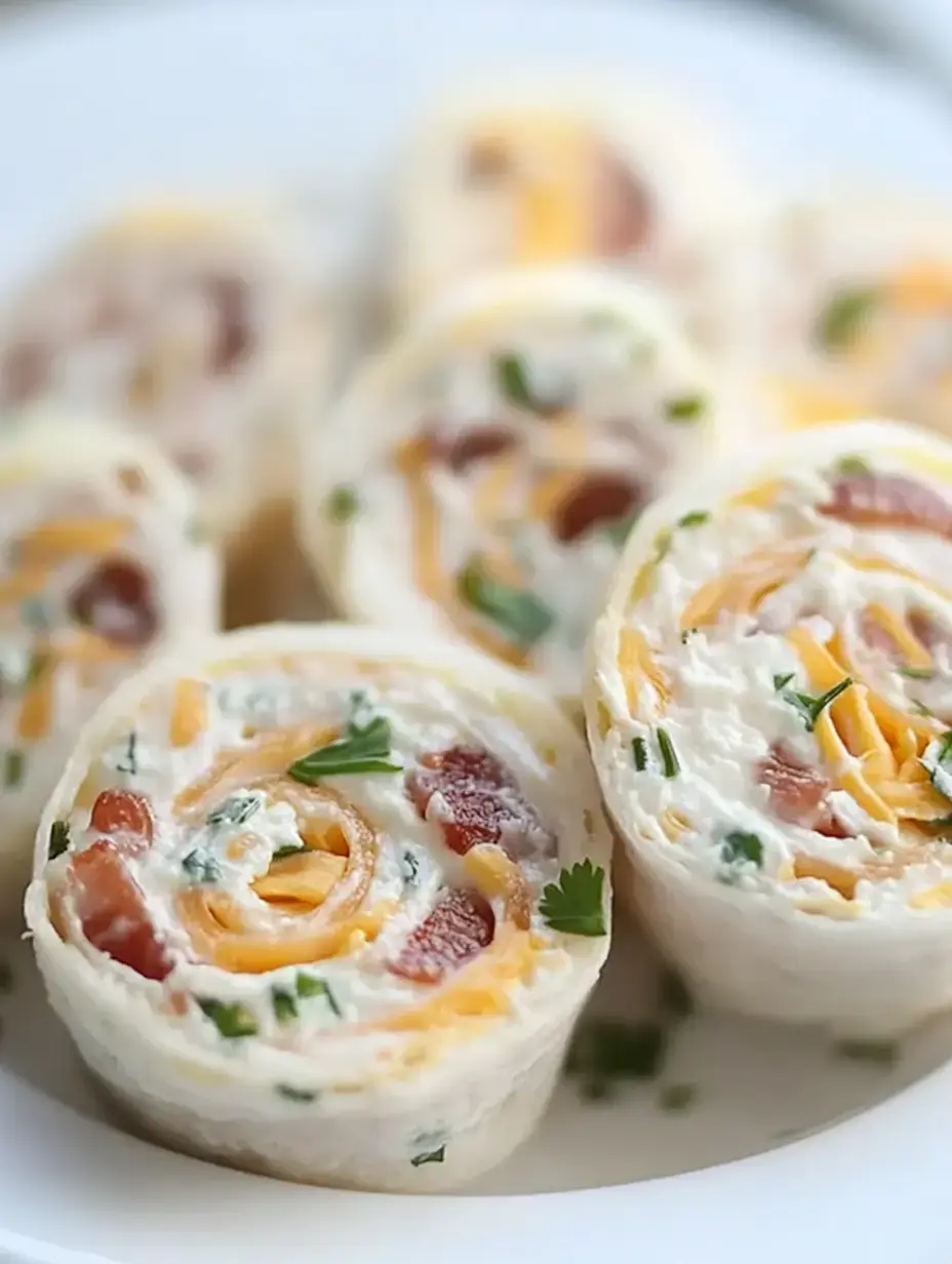 A platter of sliced tortilla rolls filled with cream cheese, bacon, and cheese, garnished with chopped herbs.