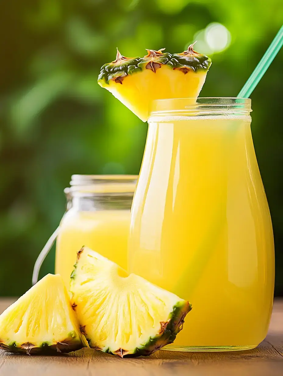 A clear glass pitcher filled with pineapple juice, topped with a pineapple slice, alongside fresh pineapple wedges on a wooden surface.